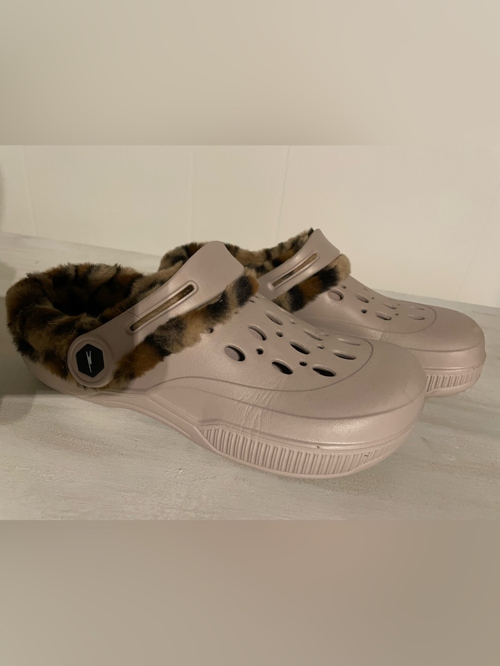 Leopard Faux-Fur Lined Slip-On Clog in Taupe
